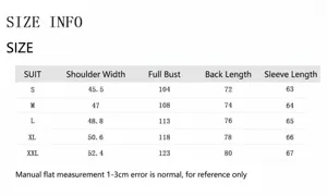 Men's business plaid suit jacket size guide chart showing measurements for S to XXL