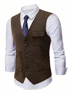 Detailed view of men's brown herringbone waistcoat with three buttons and large pockets