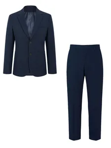 Front view detail of a classic navy blue two-piece men's formal business suit set.
