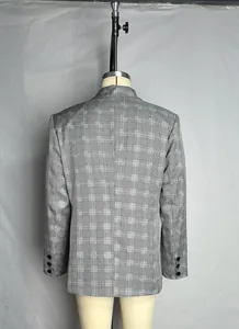 Back view of a professional grey Glen check plaid men's suit jacket on mannequin
