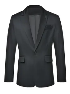 Front view of a sleek black men's business casual suit blazer with notched lapel.