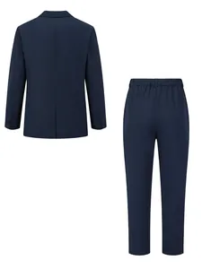 High quality detail rear view of navy blue men's business suit blazer and trousers