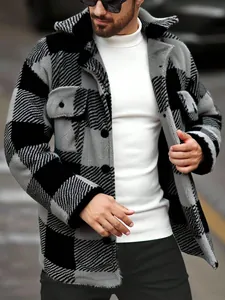 Close-up detail of men's black and grey checkered plush jacket with soft fuzzy texture.