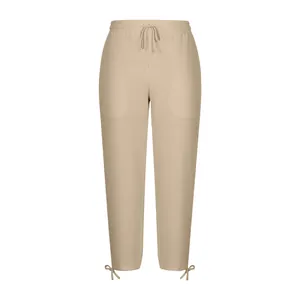 Men's beige casual drawstring trousers with elastic waist and adjustable hem