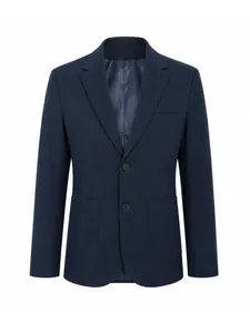 Front view of a classic navy blue men's blazer with notched lapel and two buttons