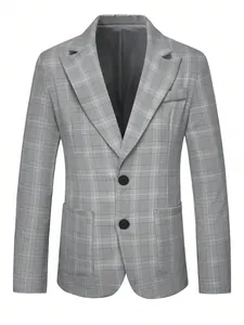 Macro view of grey plaid pattern and peak lapel on a men's business casual blazer