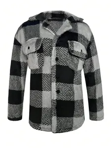 Men's autumn winter black and white buffalo plaid plush fleece mid-length jacket