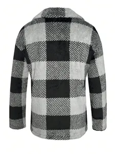 Detailed back view of men's mid-length plush jacket with classic black and white plaid pattern