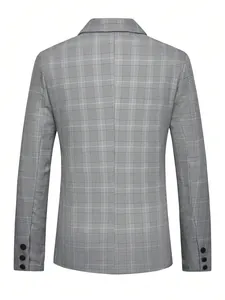 Detailed back view of a classic grey glen plaid men's blazer showing tailored fit and cuffs.