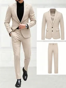 Professional men's beige slim fit suit set for business, weddings and formal events.