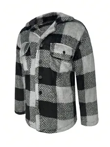 Detail shot of a men's black and grey plaid plush jacket for autumn and winter.