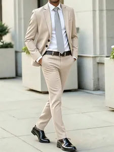 Men's professional slim fit beige business suit set for formal wedding and office wear