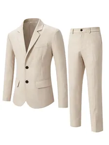 Professional beige two-piece men's business suit set including blazer and trousers.