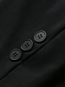 Detailed close-up showing the high-quality black fabric and buttons of a men's suit blazer