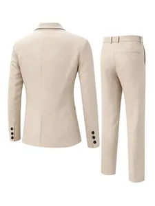 Back view of an elegant beige men's slim fit business suit blazer and matching trousers