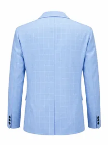 Rückansicht des hellblauen Fensterkaro-Blazers mit Einzelschlitz und Zierknöpfen am Ärmel