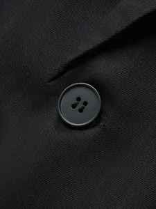 Detailed close-up of high-quality black blazer fabric texture and a resin button