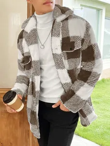 Detailed view of men's brown and white checkered plush mid-length shacket jacket coat