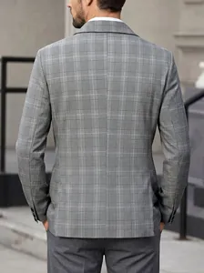 Professional men's grey plaid suit jacket with peaked lapel back view shown in city setting