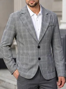 Classic grey plaid men's blazer with peak lapel, two-button closure and large pockets