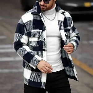 Men Mid-length Plaid Fleece Jacket Coat Casual Color Block Flannel Outerwear Top For Winter Autumn Streetwear