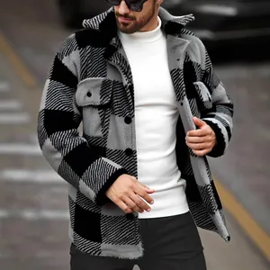 Men's stylish black and grey plaid plush mid-length jacket for autumn and winter.