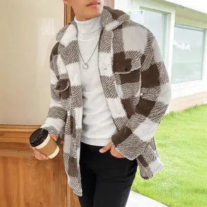 Stylish men's brown and white checkered plush jacket coat for autumn and winter season