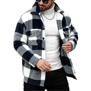 Men's stylish black and white checkered fuzzy sherpa jacket with lapel and button closure