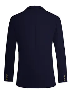 Gedetailleerd achteraanzicht van donkerblauwe heren blazer voor zakelijke pakken