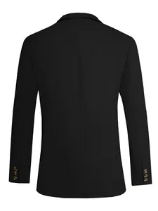 Gedetailleerd achteraanzicht van een zwarte heren blazer met knopen op de mouwen