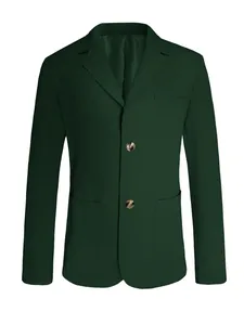 Gedetailleerd overzicht van een donkergroene herenblazer met fijn gestructureerde stof.