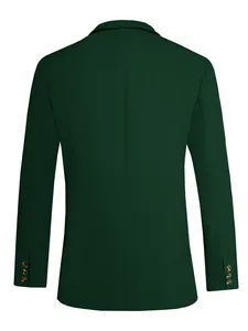 Achteraanzicht van een donkergroene herenblazer met textuur en manchetknopen detail