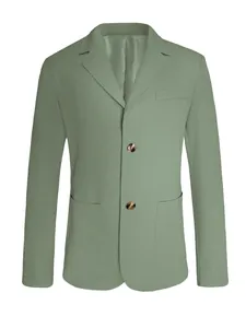Luxe herenblazer in saliegroen van getextureerde stof met een klassieke tweeknoopssluiting