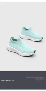 Close-up detail of breathable mint blue knit sock shoes with comfortable thick white soles