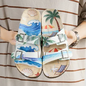 Sommerliche Sandalen mit tropischem Strandmuster, Doppel-Schnallen und offener Zehenpartie
