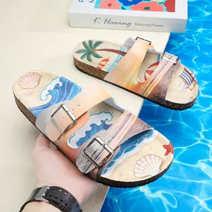 Sommer Strand Sandalen Pantoletten Doppel Schnalle Riemen Tropisch Druck Mikrofaser Gummi Weiche Sohle Rutschfest Schuhe Damen Herren
