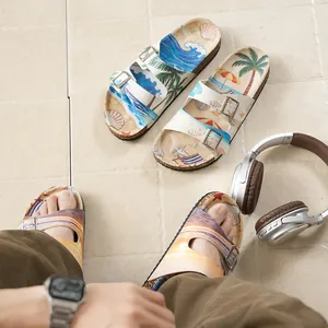 Stilvolle Kork-Sandalen mit tropischem Strandprint und verstellbaren Doppelschnallen