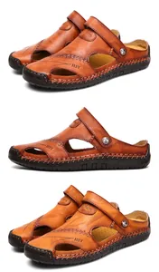 Detailansicht braune Echtleder-Sandalen für Herren für Outdoor-Strand und Freizeitgebrauch.