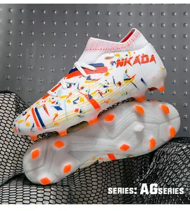 Detailed macro view of the colorful flyknit soccer cleats with AG series outsole.