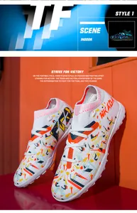 Professional fly-knit soccer shoes featuring a vibrant graffiti pattern and turf cleats
