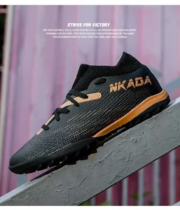 Close-up of seamless fly-knit soccer shoes with NKADA logo and textured upper