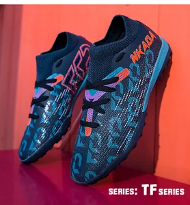 Close-up of blue flyknit soccer shoes from the TF series for professional training