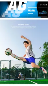 Action shot of athlete wearing flyknit soccer shoes kicking football on field.