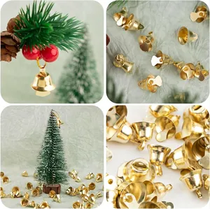 Collage showing golden horn bells for Christmas DIY crafts and holiday decorations