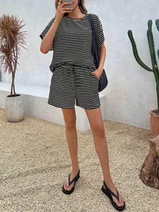 Stylish black and white striped two-piece leisure set featuring a short sleeve T-shirt and shorts