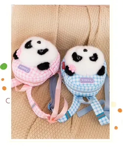 Niedlicher Plüsch Panda Rucksack für Kindergartenkinder in Rosa und Blau kariertem Karo