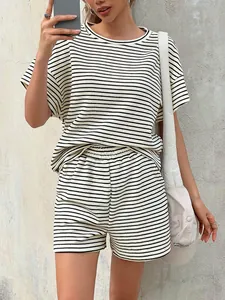 Casual black and white striped two-piece lounge set featuring a short sleeve T-shirt and shorts