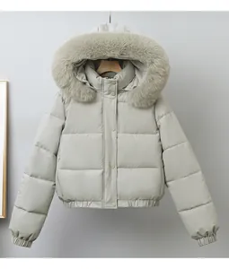Detailed front view of short winter puffer jacket featuring a plush faux fur collar hood