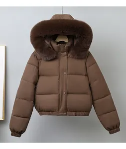 Close-up detail of a brown short puffer jacket featuring a large brown fur collar hood.