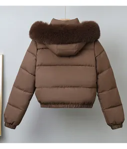 Back view of brown short puffer jacket with luxury faux fur collar detail